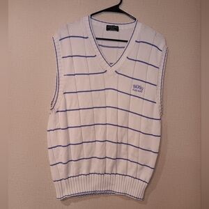 Hugo Boss Golf Pure Cotton  White and Blue Striped V-Neck Sweater Vest Italy